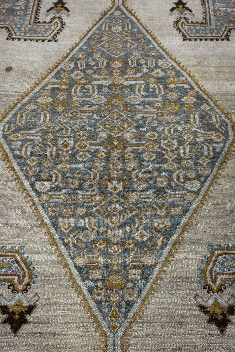 5' x 17' one-of-a-kind handmade antique Malayer rug. Color palette: ivory, blue gray, taupe, ochre, camel, charcoal, brown