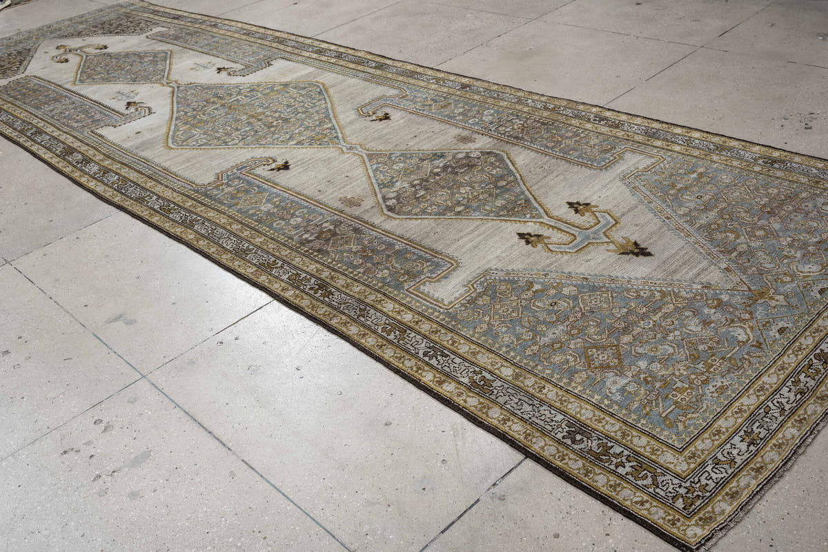 5' x 17' one-of-a-kind handmade antique Malayer rug. Color palette: ivory, blue gray, taupe, ochre, camel, charcoal, brown