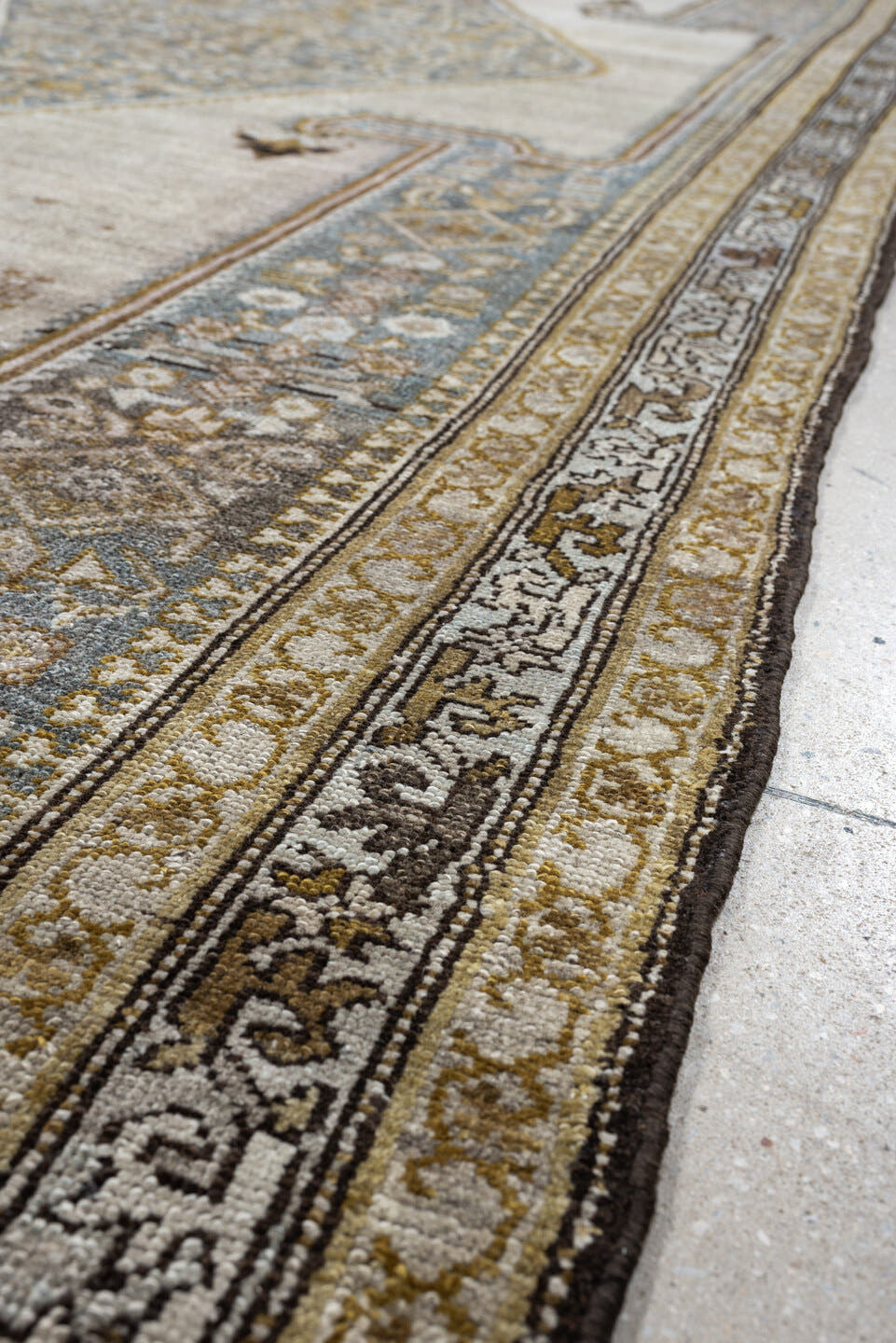 5' x 17' one-of-a-kind handmade antique Malayer rug. Color palette: ivory, blue gray, taupe, ochre, camel, charcoal, brown