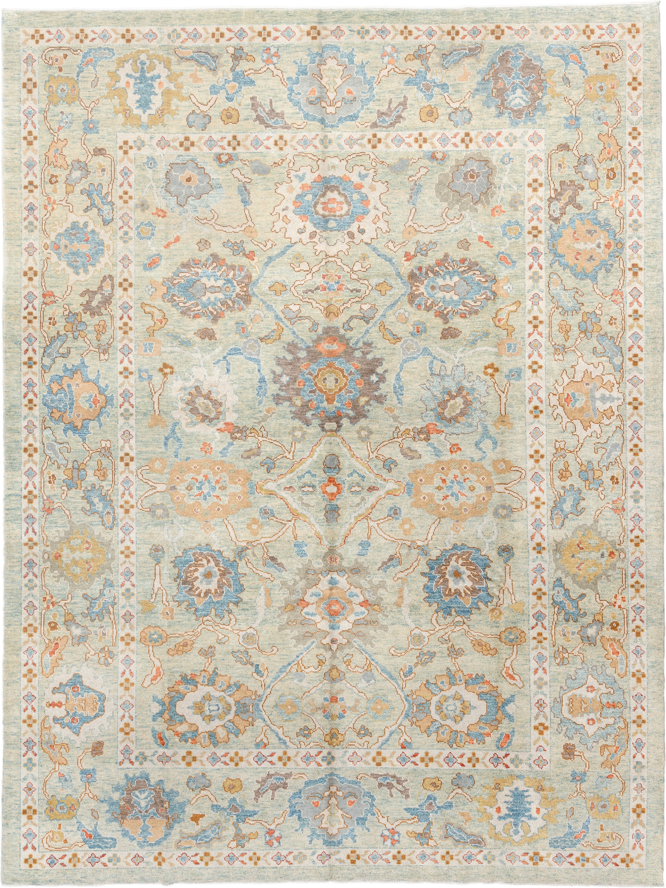 9' x 12' one-of-a-kind handmade vintage Sultanabad large size rug. Color palette: ivory, sky blue, taupe, terracotta, camel