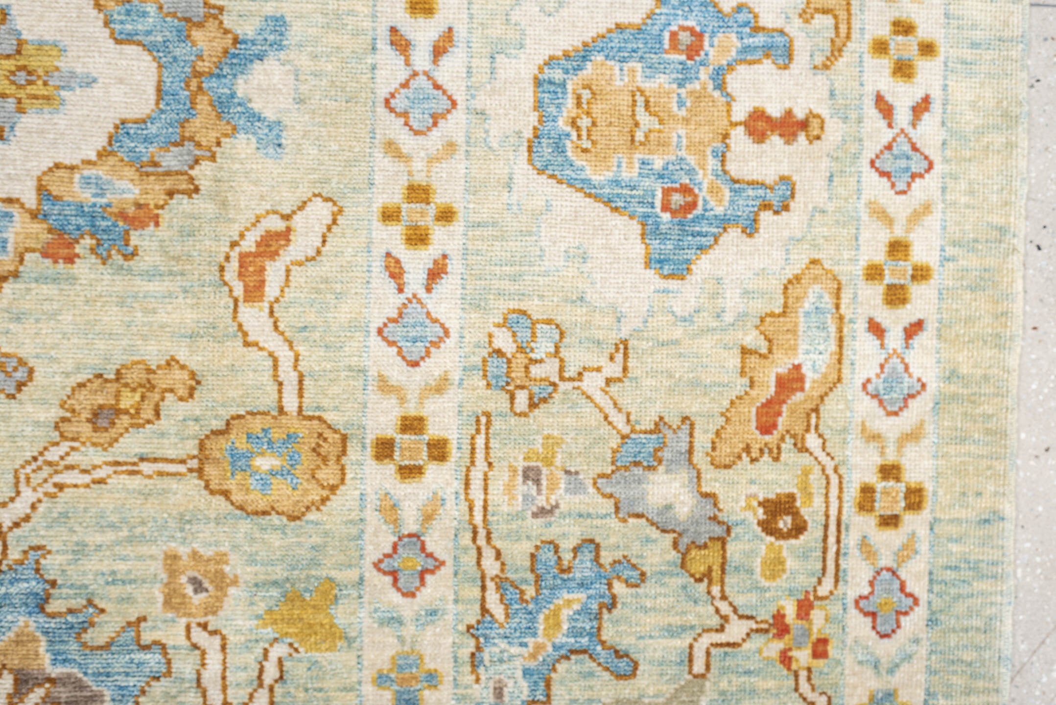 9' x 12' one-of-a-kind handmade vintage Sultanabad large size rug. Color palette: ivory, sky blue, taupe, terracotta, camel