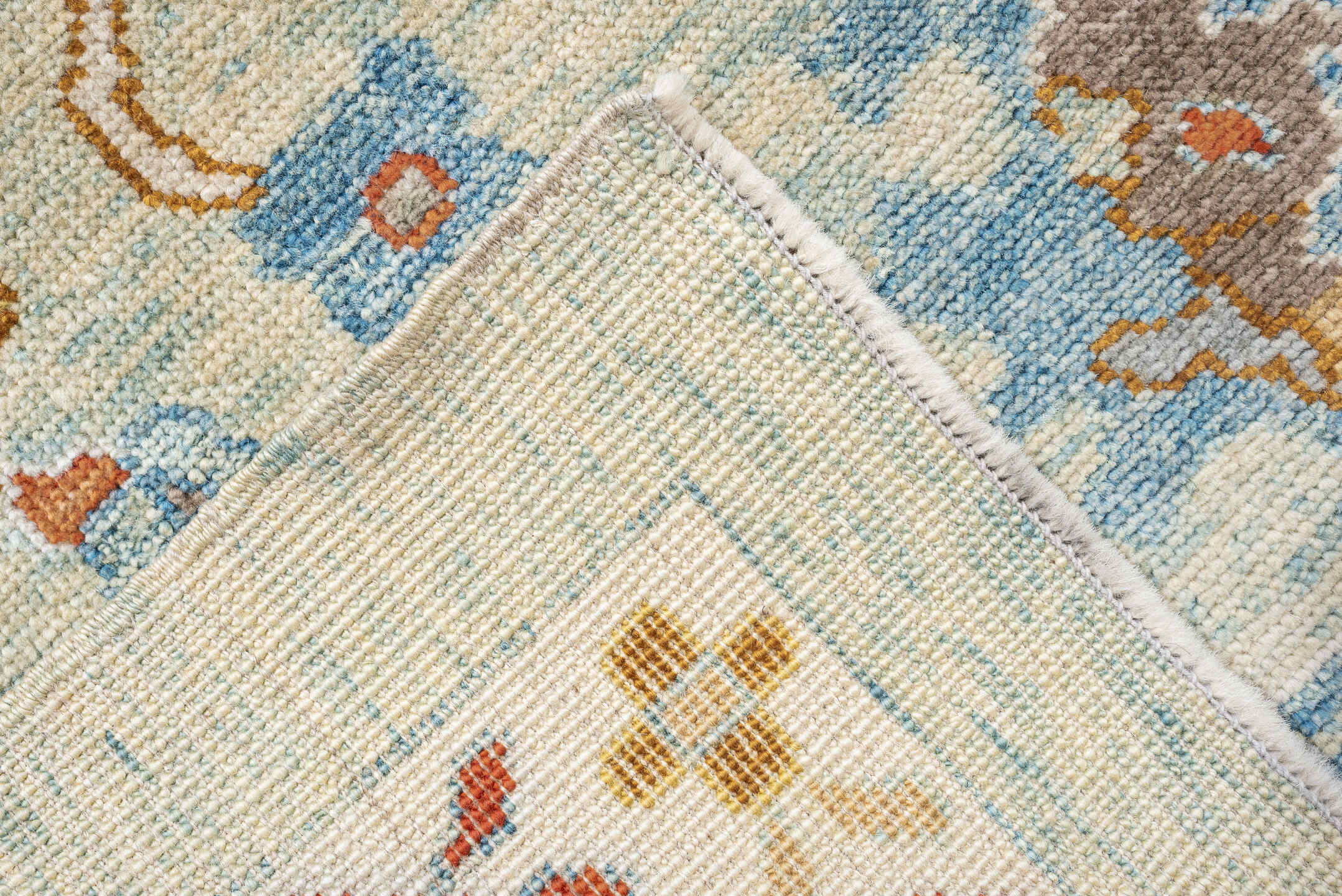 9' x 12' one-of-a-kind handmade vintage Sultanabad large size rug. Color palette: ivory, sky blue, taupe, terracotta, camel
