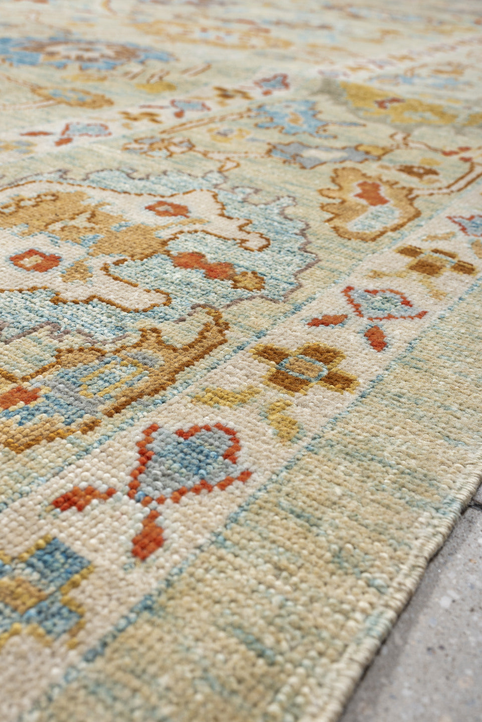 9' x 12' one-of-a-kind handmade vintage Sultanabad large size rug. Color palette: ivory, sky blue, taupe, terracotta, camel