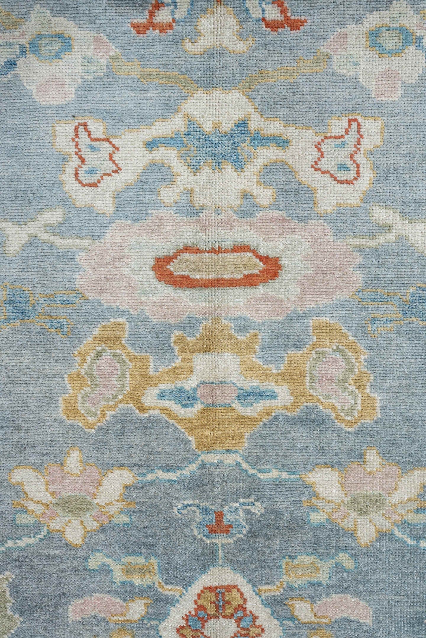 8' x 10' one-of-a-kind handmade vintage Sultanabad large size rug. Color palette: sky blue, ivory, coral, sage, gold, taupe