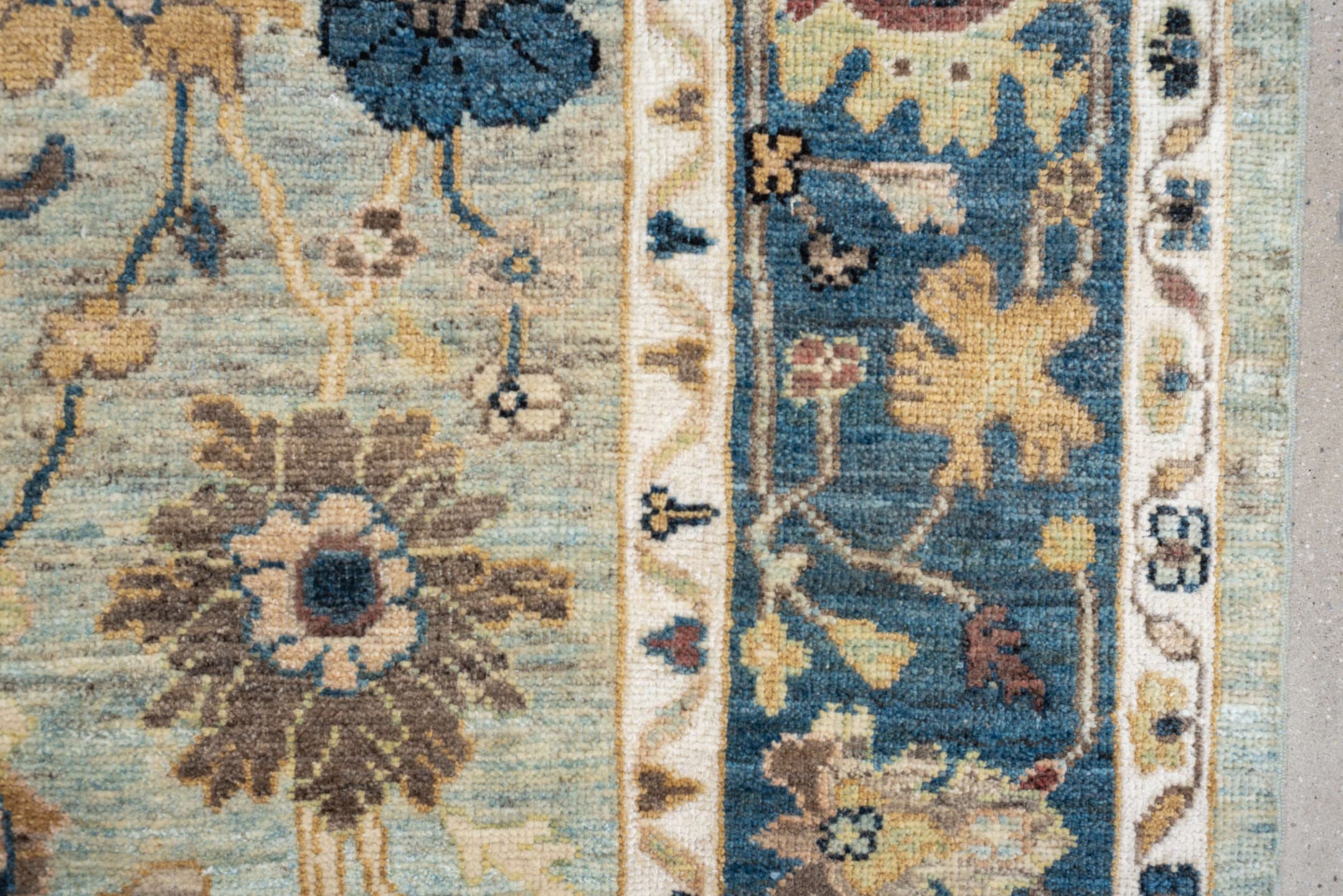 6' x 9' one-of-a-kind handmade vintage Sultanabad large size rug. Color palette: light blue, navy, ivory, taupe, beige, sage