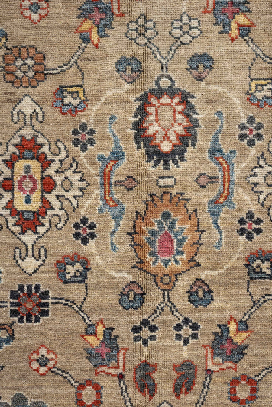 6' x 10' one-of-a-kind handmade vintage Sultanabad large size rug. Color palette: camel, ivory, indigo, rust, blush, slate