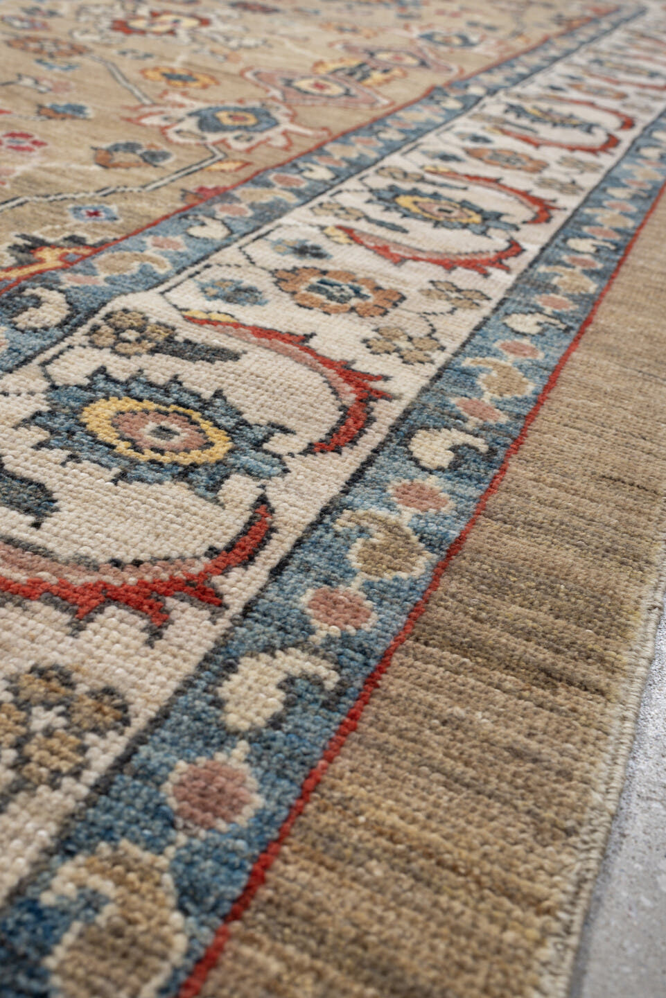 6' x 10' one-of-a-kind handmade vintage Sultanabad large size rug. Color palette: camel, ivory, indigo, rust, blush, slate
