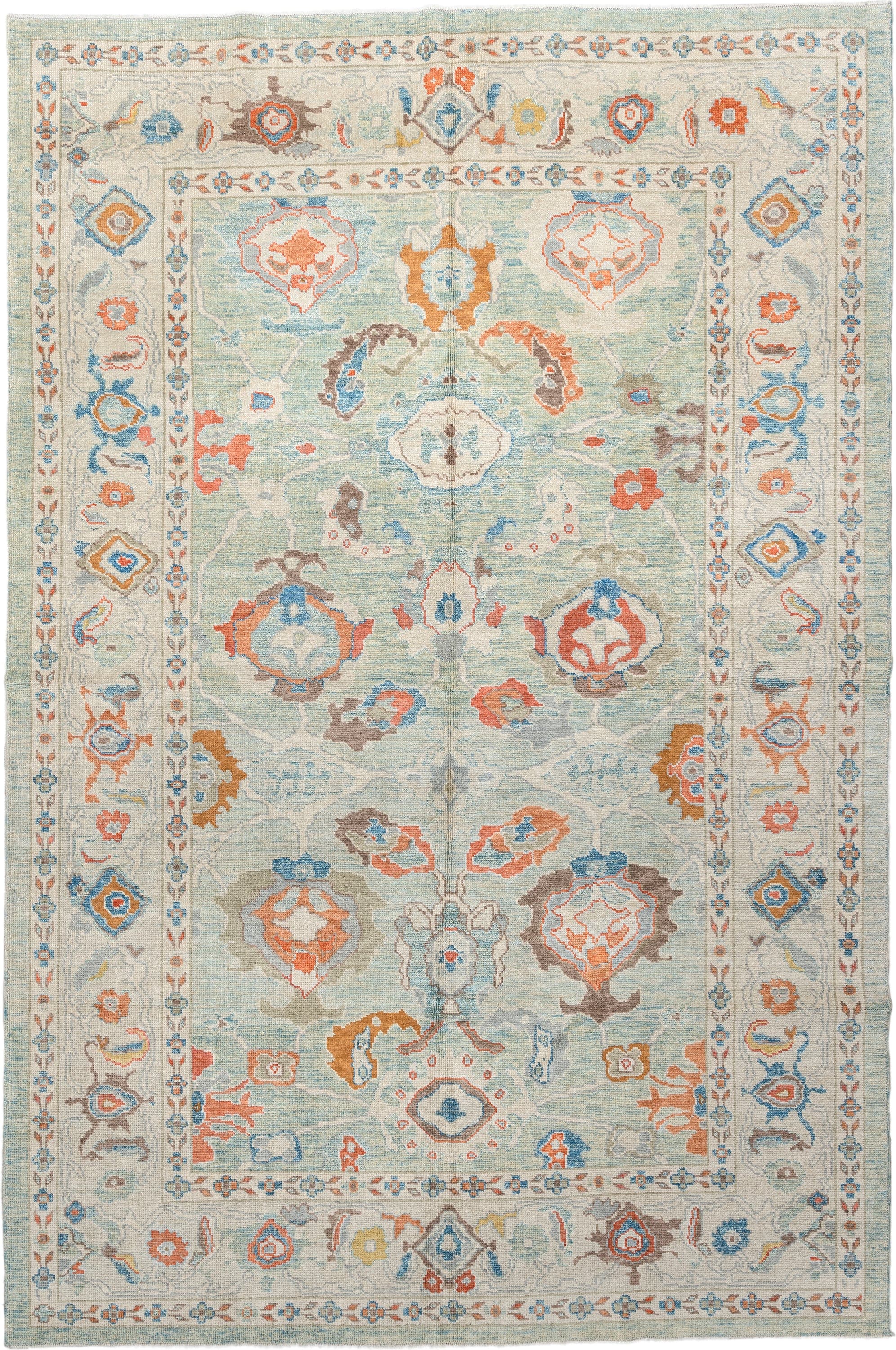 6' x 9' one-of-a-kind handmade vintage Sultanabad medium size rug. Color palette: pale aqua, ivory, coral, sky blue, taupe