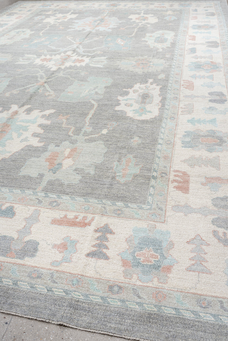 13' x 20' one-of-a-kind handmade vintage Oushak oversize rug. Color palette: pale blue, ivory, gray, blush, taupe