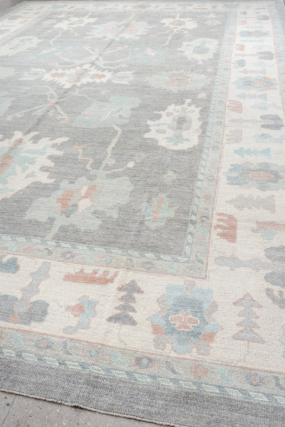 13' x 20' one-of-a-kind handmade vintage Oushak oversize rug. Color palette: pale blue, ivory, gray, blush, taupe