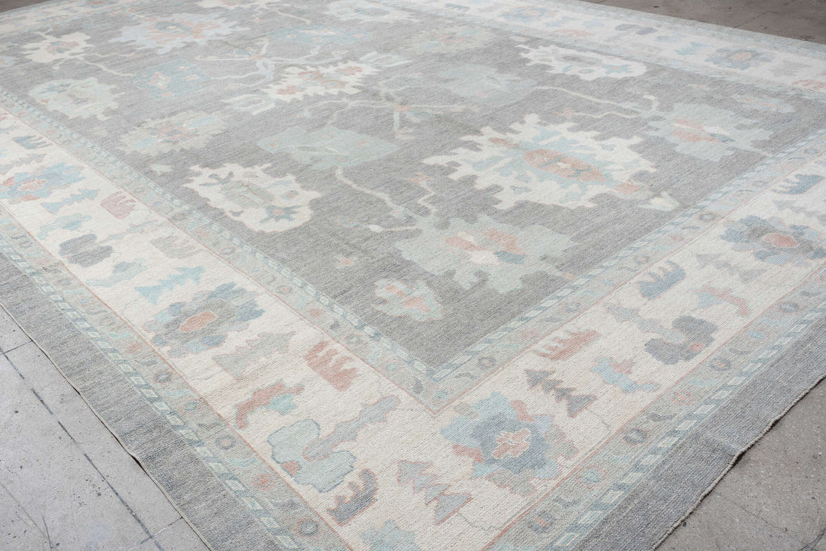 13' x 20' one-of-a-kind handmade vintage Oushak oversize rug. Color palette: pale blue, ivory, gray, blush, taupe