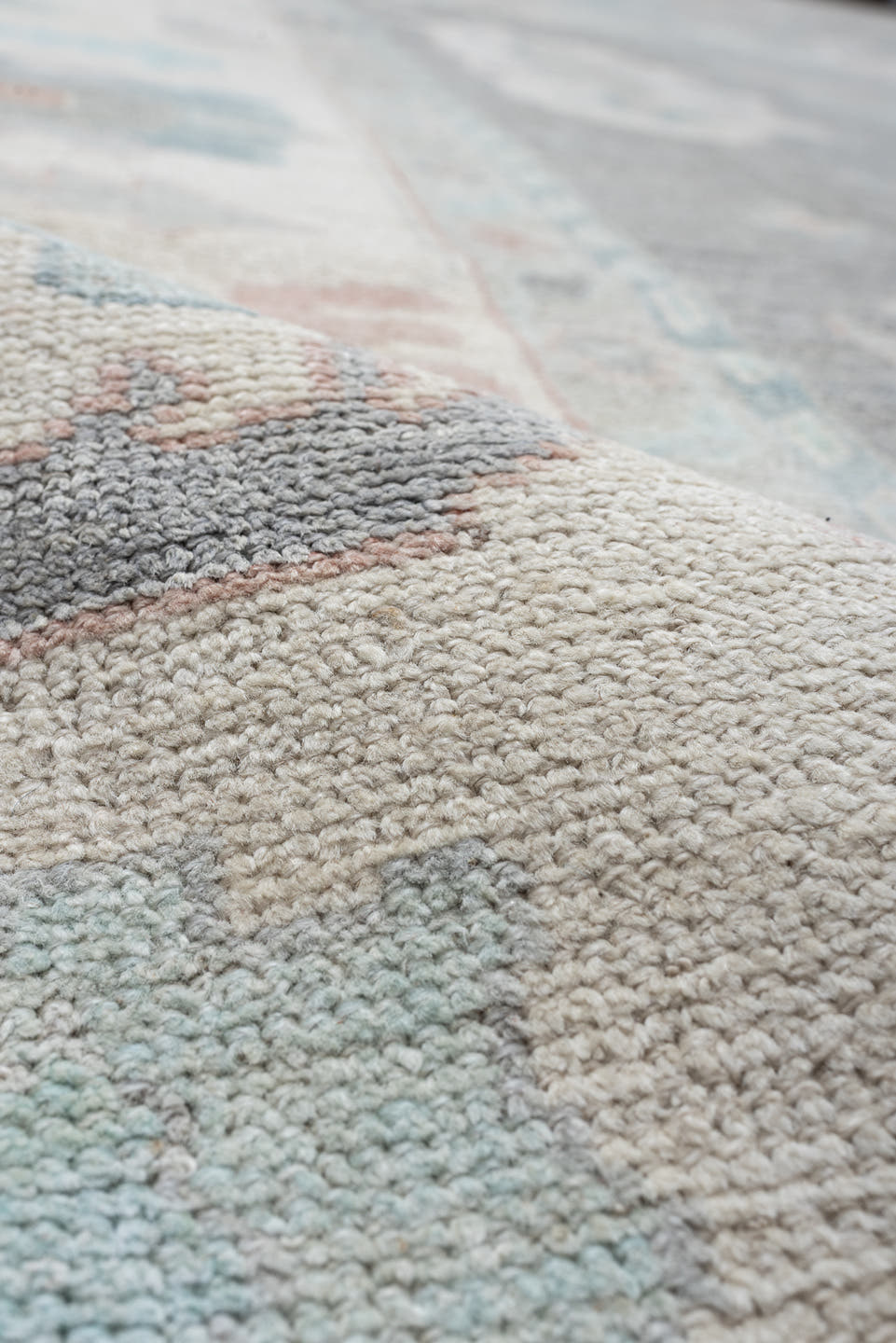 13' x 20' one-of-a-kind handmade vintage Oushak oversize rug. Color palette: pale blue, ivory, gray, blush, taupe