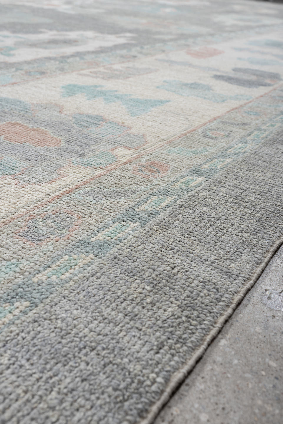 13' x 20' one-of-a-kind handmade vintage Oushak oversize rug. Color palette: pale blue, ivory, gray, blush, taupe