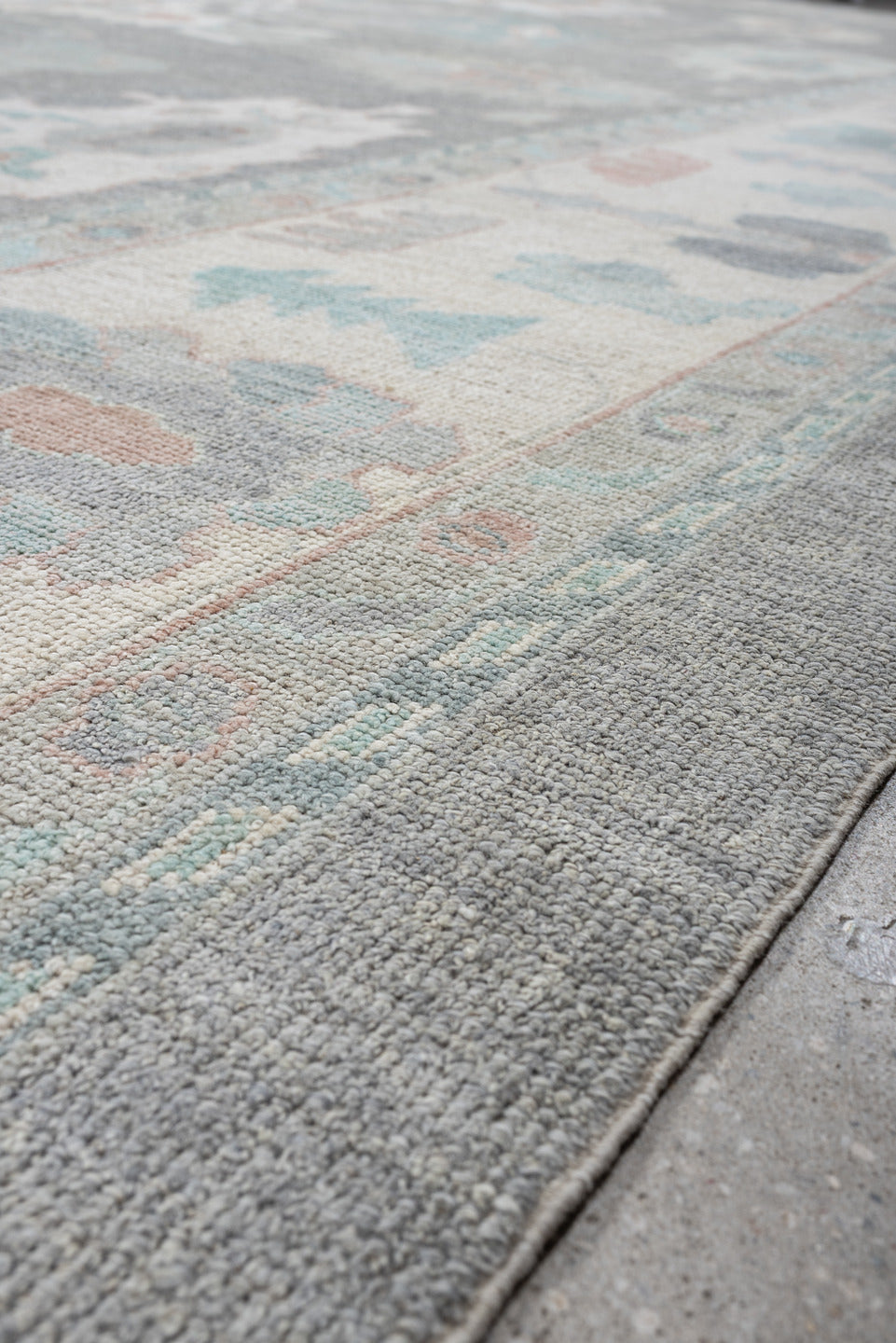 13' x 20' one-of-a-kind handmade vintage Oushak oversize rug. Color palette: pale blue, ivory, gray, blush, taupe