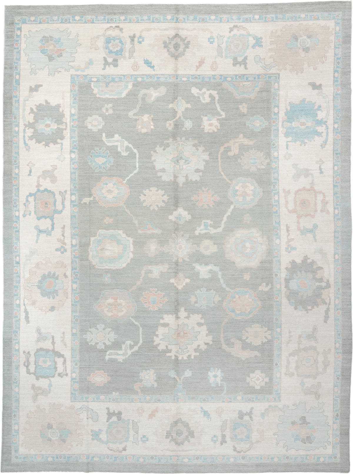 13' x 17' one-of-a-kind handmade vintage Oushak oversize rug. Color palette: pale blue, ivory, taupe, blush, cream, sky blue