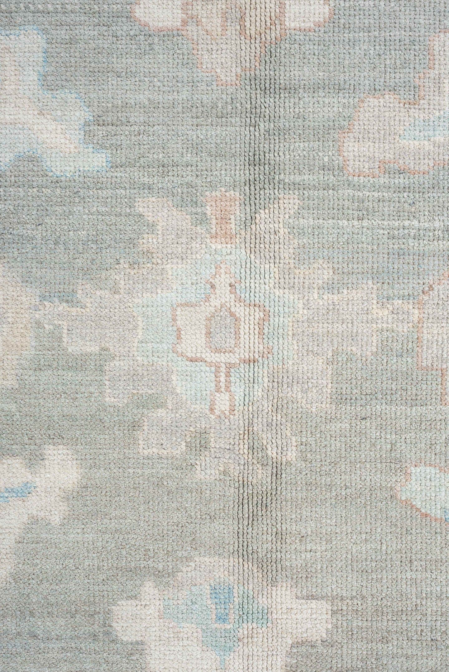 13' x 17' one-of-a-kind handmade vintage Oushak oversize rug. Color palette: pale blue, ivory, taupe, blush, cream, sky blue