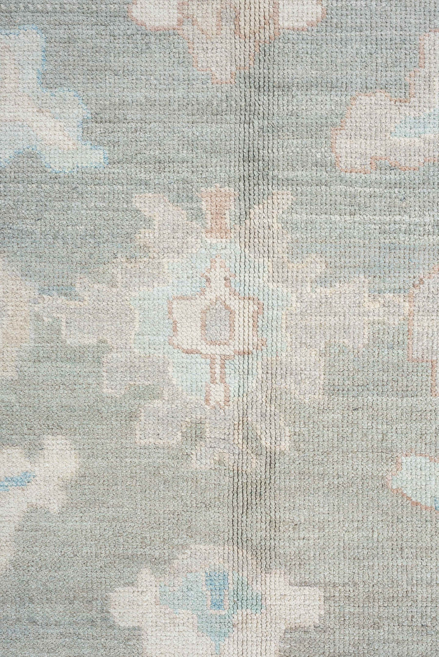 13' x 17' one-of-a-kind handmade vintage Oushak oversize rug. Color palette: pale blue, ivory, taupe, blush, cream, sky blue