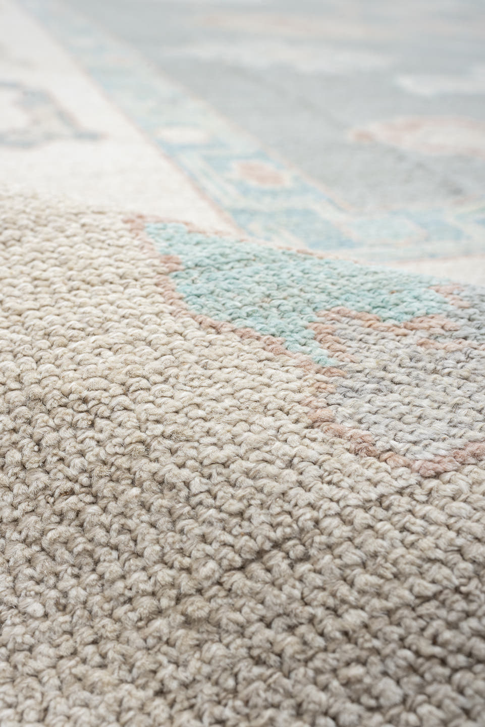 13' x 17' one-of-a-kind handmade vintage Oushak oversize rug. Color palette: pale blue, ivory, taupe, blush, cream, sky blue
