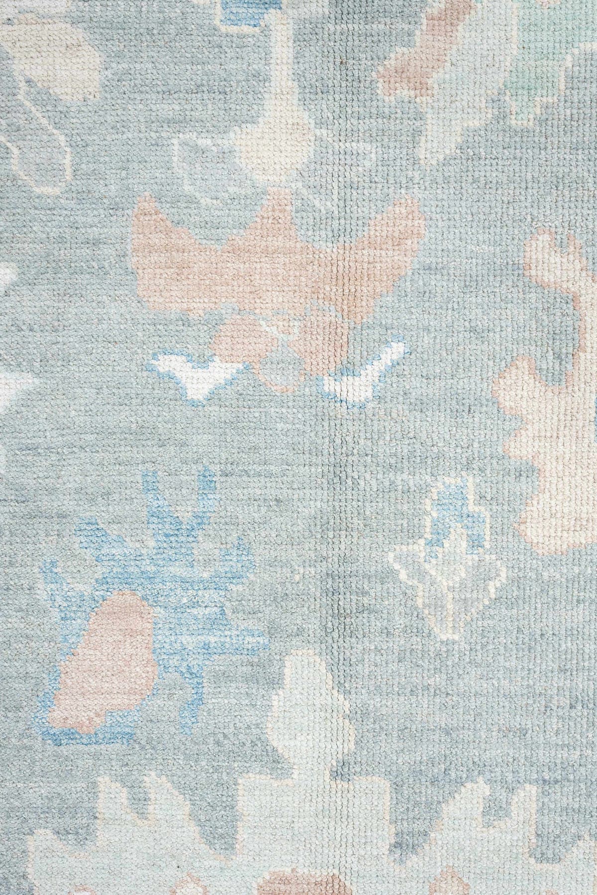 10' x 14' one-of-a-kind handmade vintage Oushak large size rug. Color palette: pale aqua, ivory, blush, sage, taupe, cream