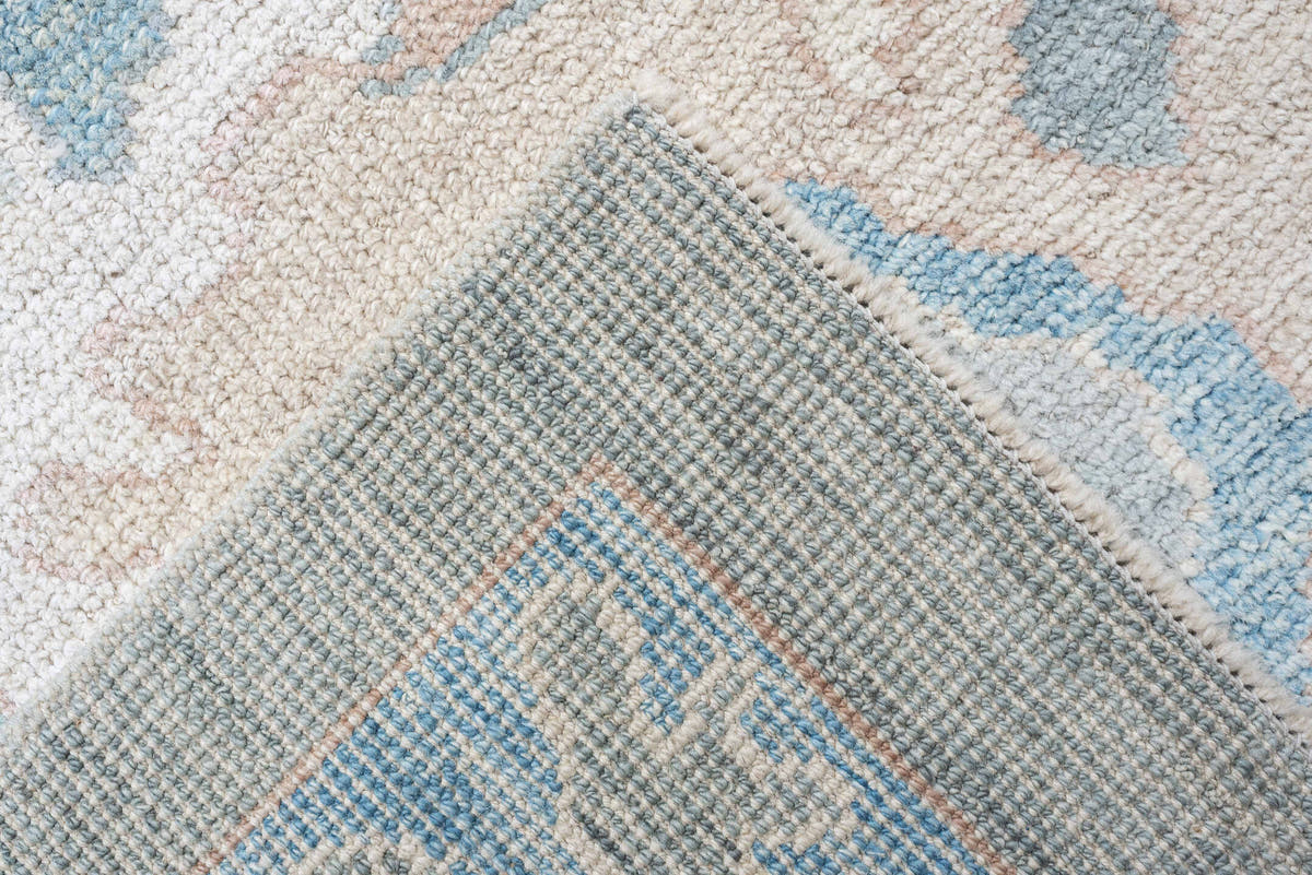 10' x 14' one-of-a-kind handmade vintage Oushak large size rug. Color palette: pale aqua, ivory, blush, sage, taupe, cream