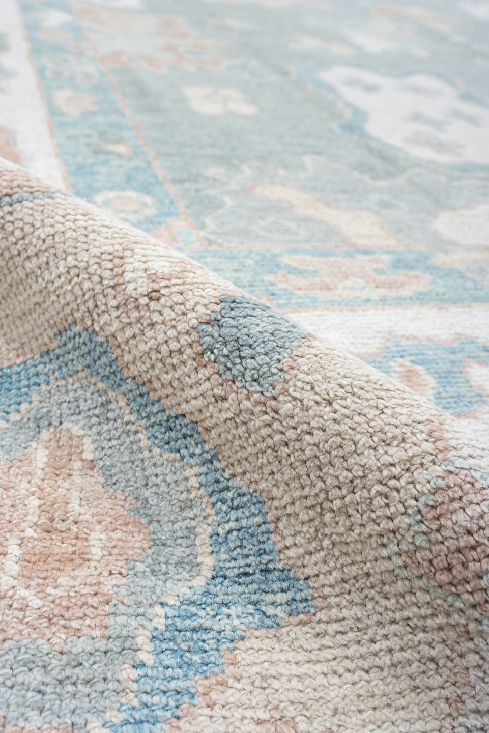 10' x 14' one-of-a-kind handmade vintage Oushak large size rug. Color palette: pale aqua, ivory, blush, sage, taupe, cream