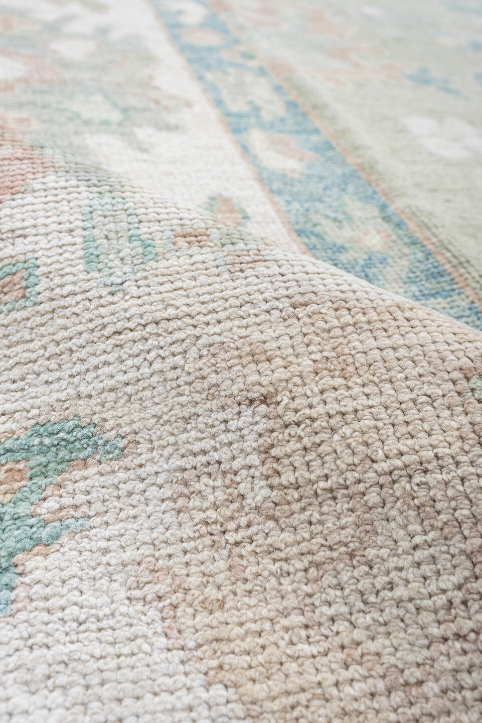 9' x 14' one-of-a-kind handmade vintage Oushak large size rug. Color palette: sage, ivory, sky blue, blush, taupe, cream
