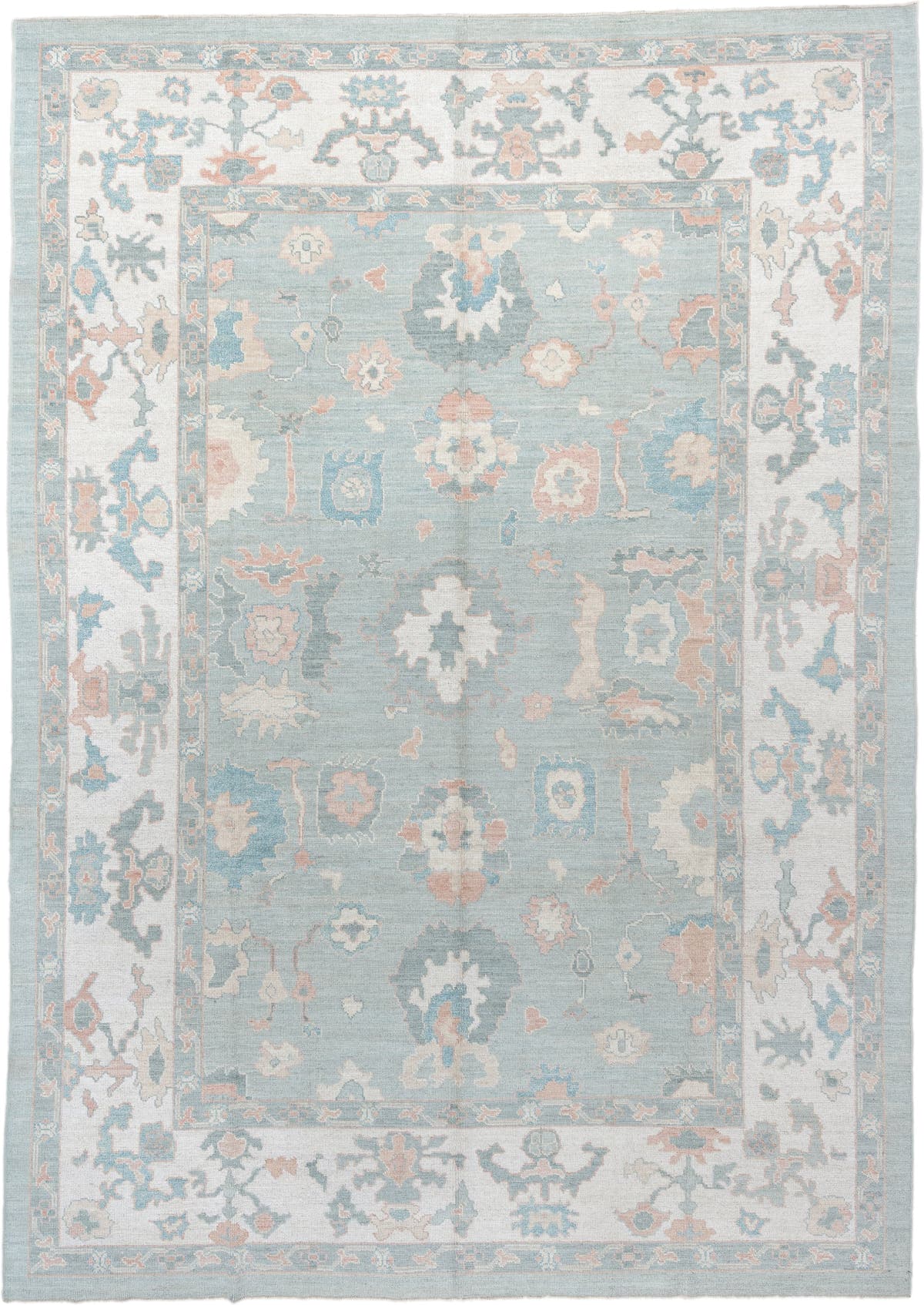 10' x 14' one-of-a-kind handmade vintage Oushak large size rug. Color palette: sky blue, ivory, blush, sage, taupe, peach