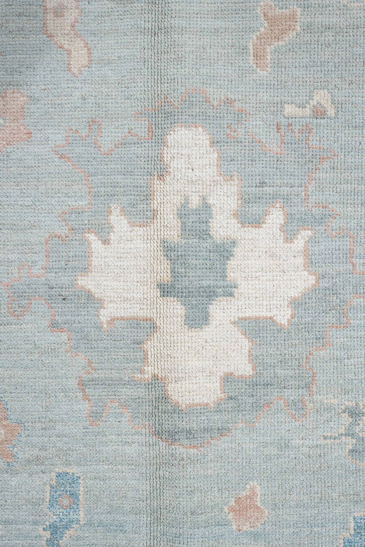10' x 14' one-of-a-kind handmade vintage Oushak large size rug. Color palette: sky blue, ivory, blush, sage, taupe, peach