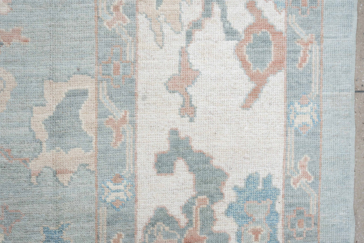 10' x 14' one-of-a-kind handmade vintage Oushak large size rug. Color palette: sky blue, ivory, blush, sage, taupe, peach