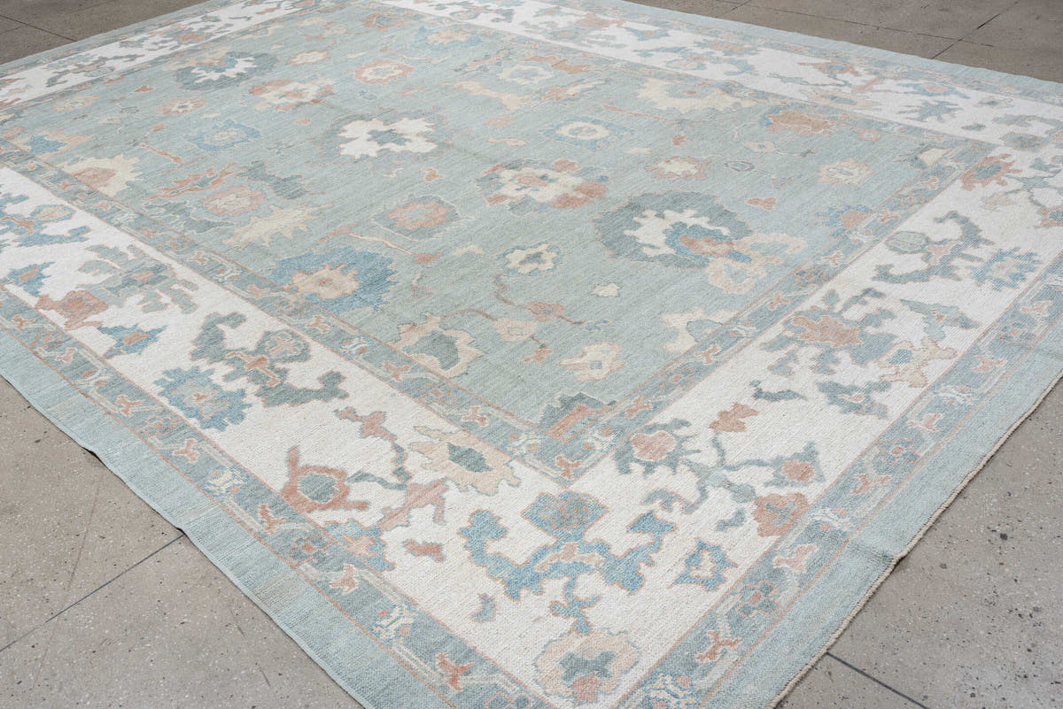 10' x 14' one-of-a-kind handmade vintage Oushak large size rug. Color palette: sky blue, ivory, blush, sage, taupe, peach