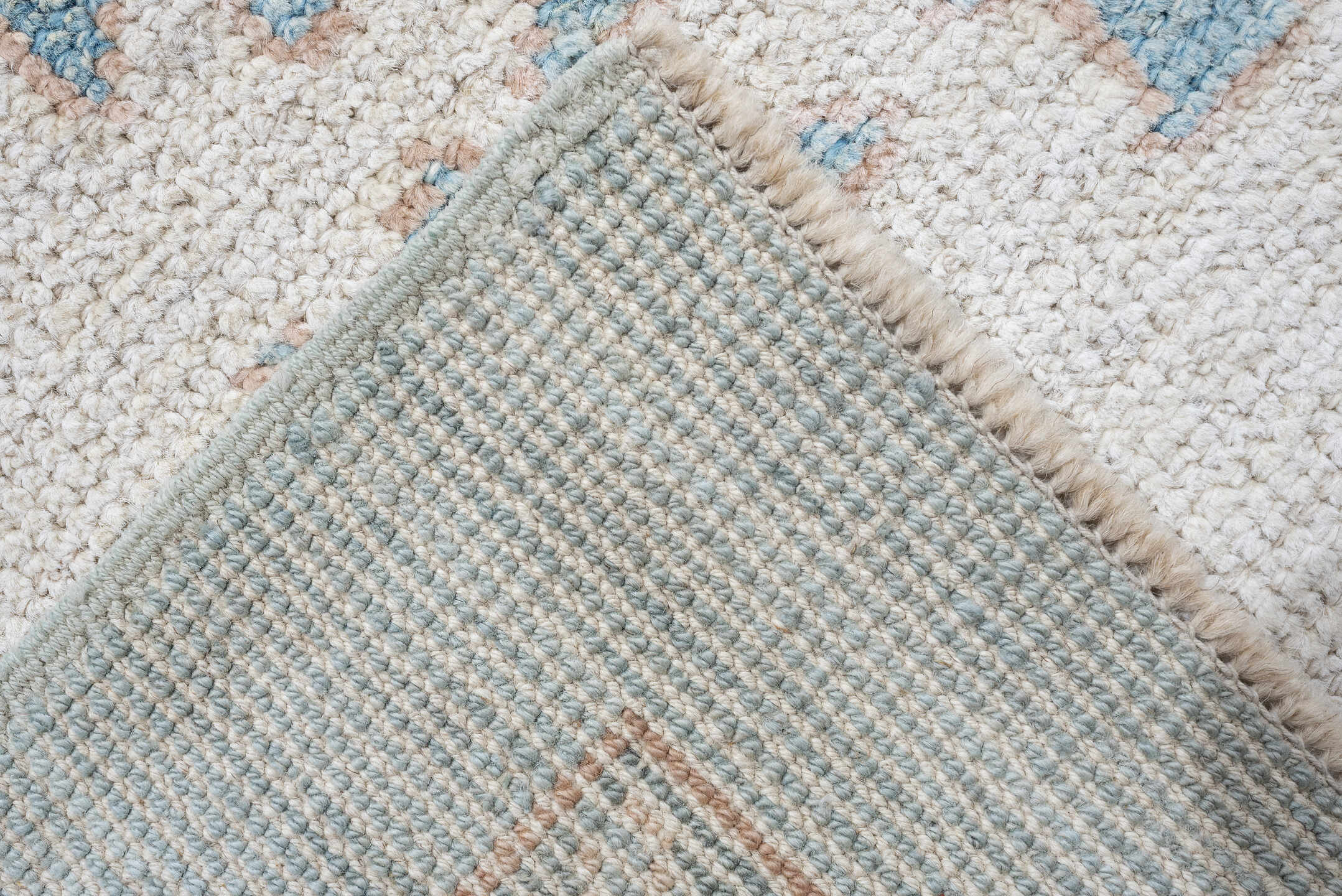 10' x 14' one-of-a-kind handmade vintage Oushak large size rug. Color palette: sky blue, ivory, blush, sage, taupe, peach