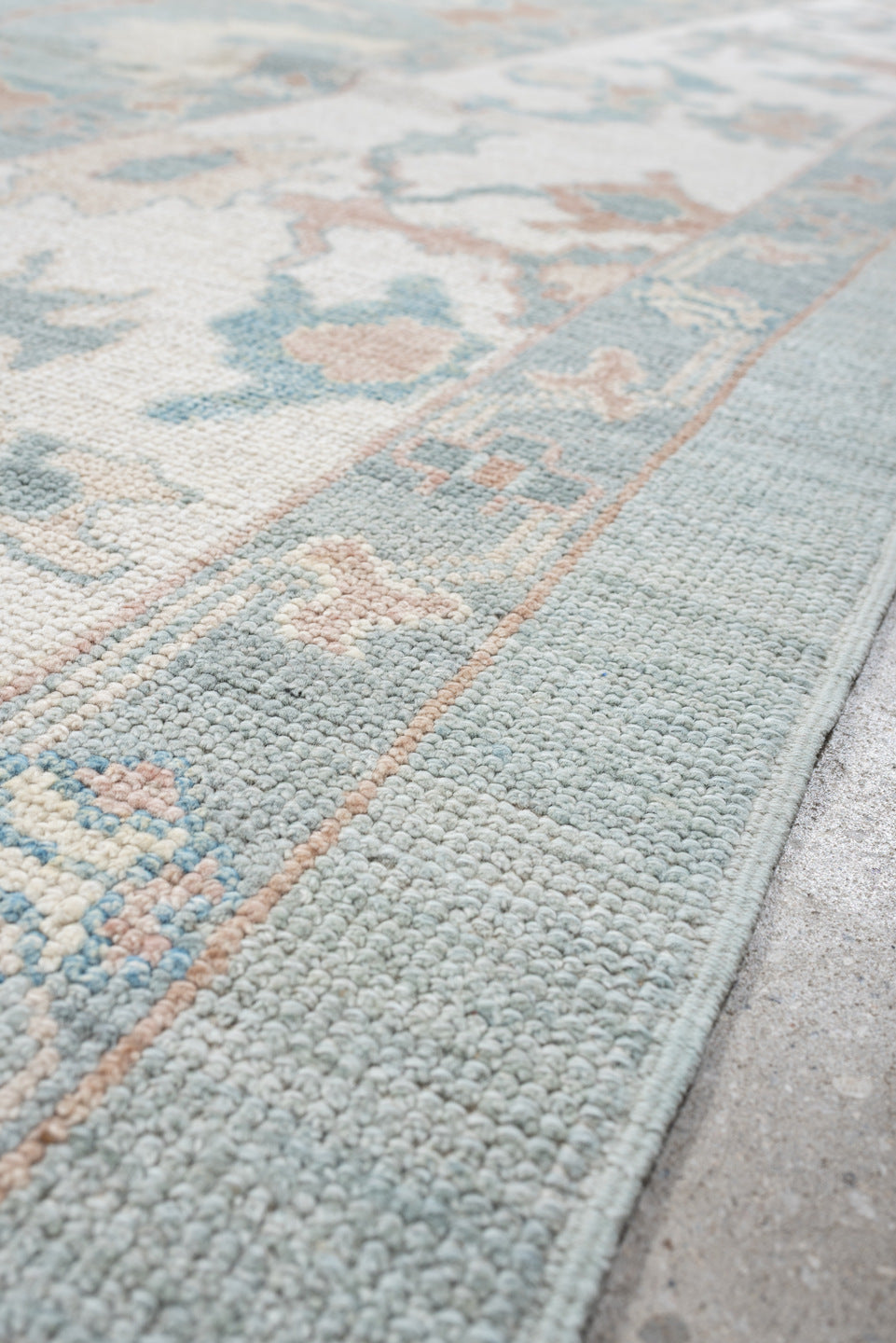 10' x 14' one-of-a-kind handmade vintage Oushak large size rug. Color palette: sky blue, ivory, blush, sage, taupe, peach