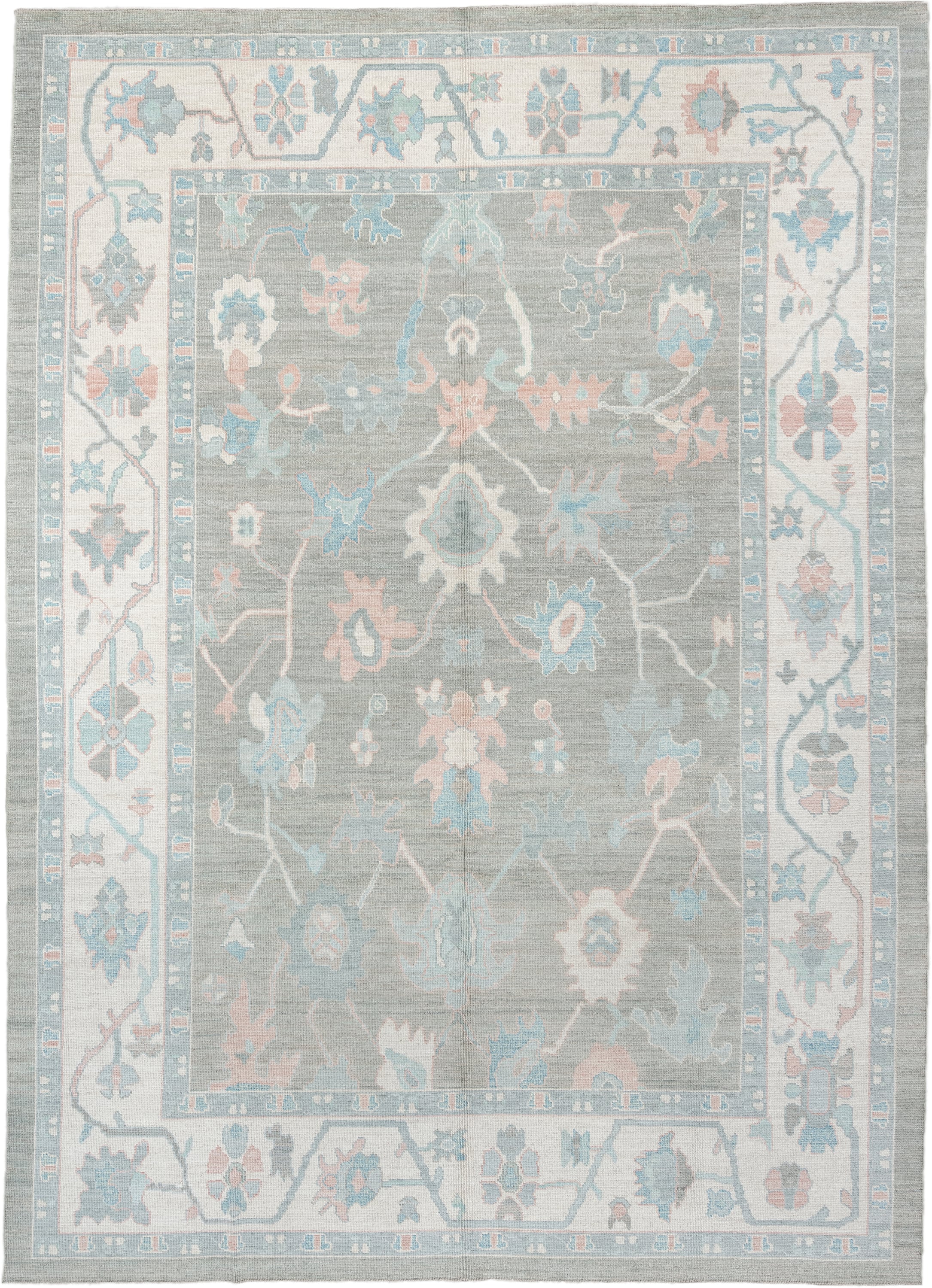 10' x 14' one-of-a-kind handmade vintage Oushak oversize rug. Color palette: gray, ivory, powder blue, blush, taupe