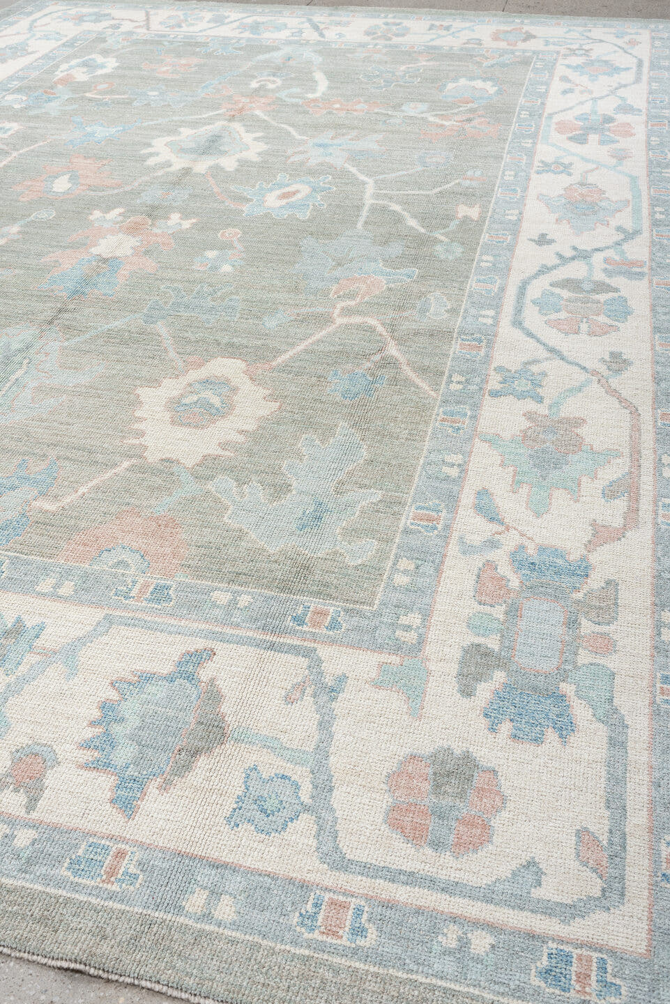 10' x 14' one-of-a-kind handmade vintage Oushak oversize rug. Color palette: gray, ivory, powder blue, blush, taupe