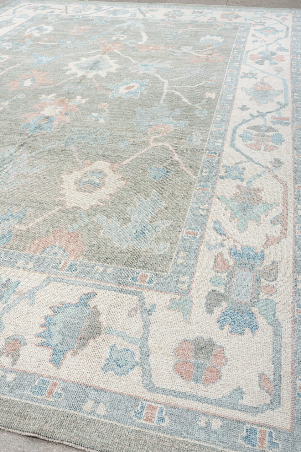 10' x 14' one-of-a-kind handmade vintage Oushak oversize rug. Color palette: gray, ivory, powder blue, blush, taupe