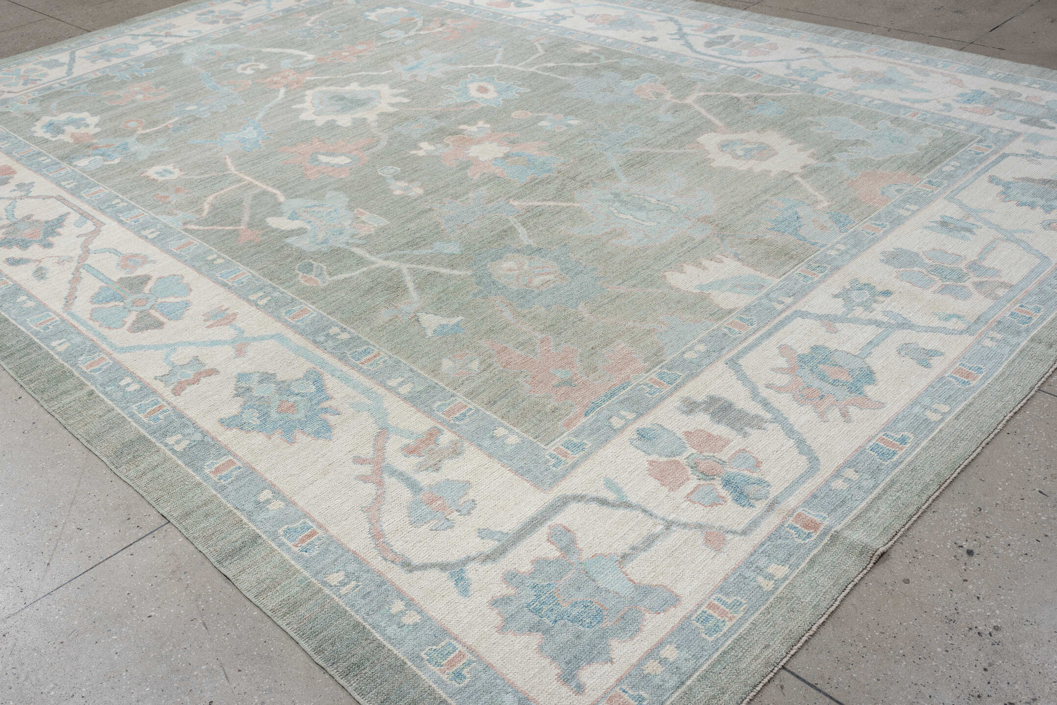 10' x 14' one-of-a-kind handmade vintage Oushak oversize rug. Color palette: gray, ivory, powder blue, blush, taupe