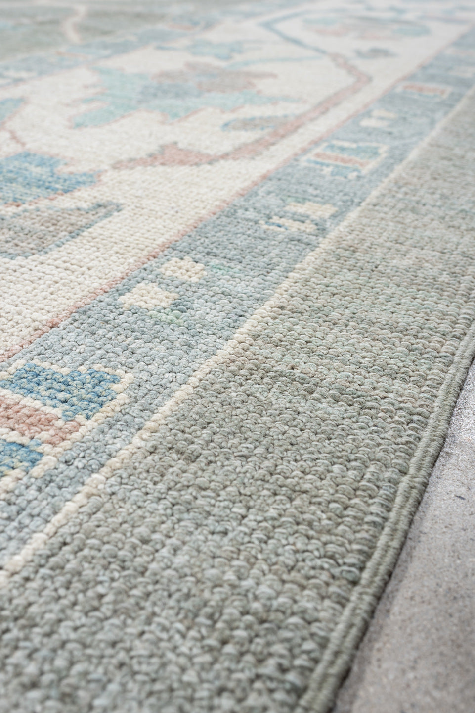 10' x 14' one-of-a-kind handmade vintage Oushak oversize rug. Color palette: gray, ivory, powder blue, blush, taupe