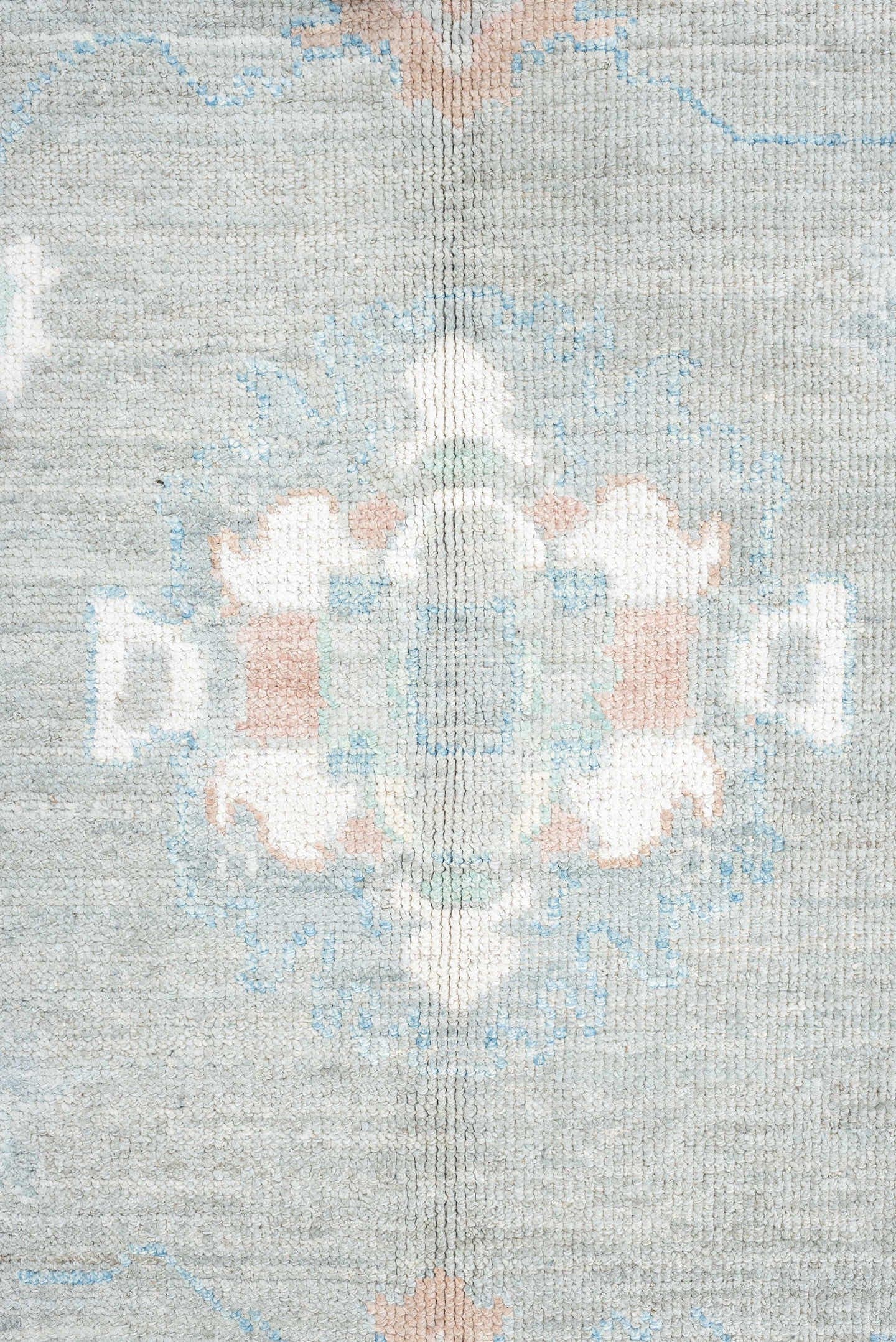 9' x 12' one-of-a-kind handmade vintage Oushak large size rug. Color palette: gray, ivory, sky blue, sage, blush, taupe