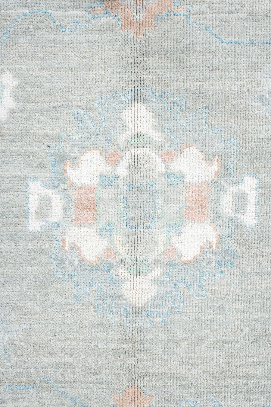 9' x 12' one-of-a-kind handmade vintage Oushak large size rug. Color palette: gray, ivory, sky blue, sage, blush, taupe