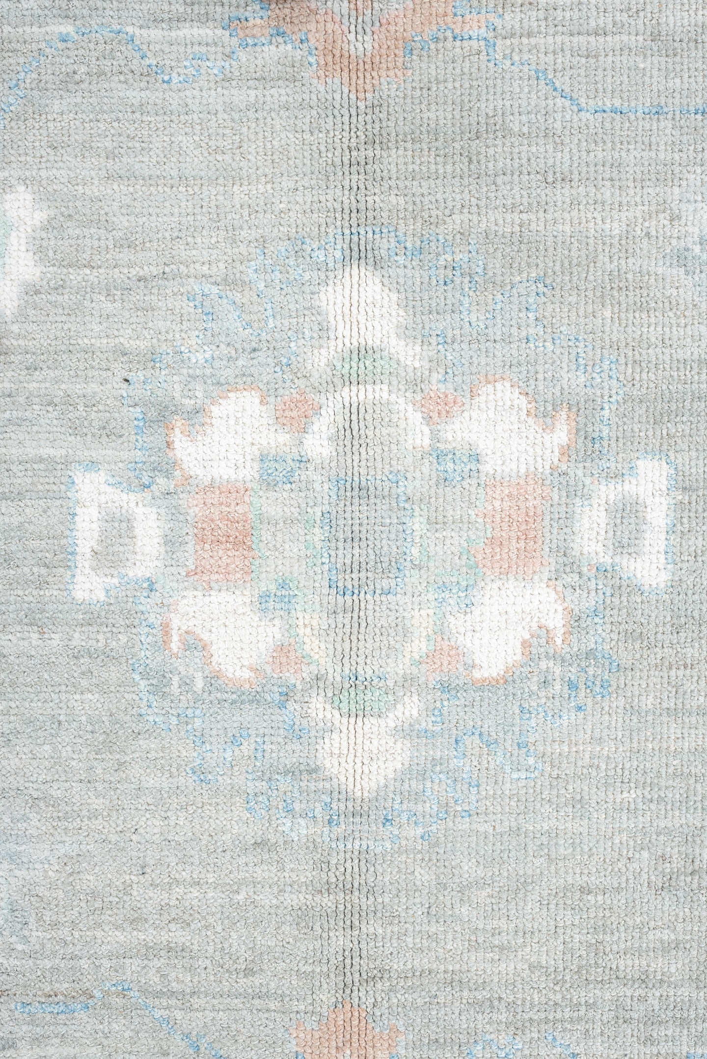 9' x 12' one-of-a-kind handmade vintage Oushak large size rug. Color palette: gray, ivory, sky blue, sage, blush, taupe