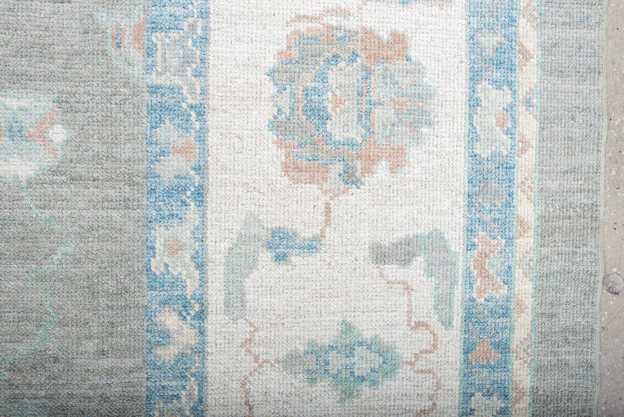 9' x 12' one-of-a-kind handmade vintage Oushak large size rug. Color palette: gray, ivory, sky blue, sage, blush, taupe