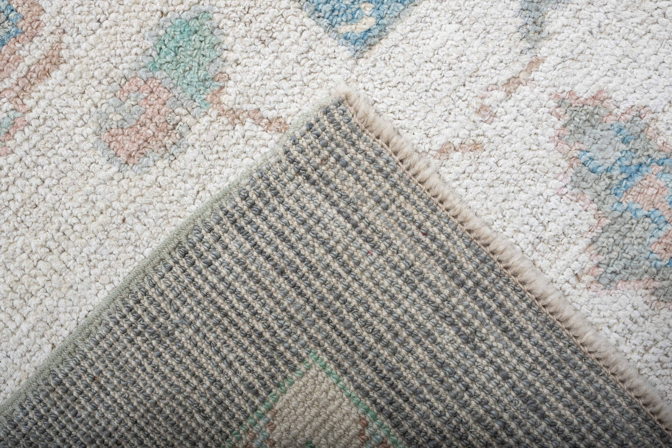 9' x 12' one-of-a-kind handmade vintage Oushak large size rug. Color palette: gray, ivory, sky blue, sage, blush, taupe