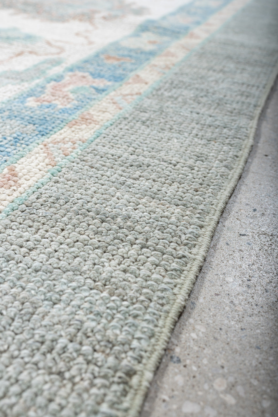 9' x 12' one-of-a-kind handmade vintage Oushak large size rug. Color palette: gray, ivory, sky blue, sage, blush, taupe