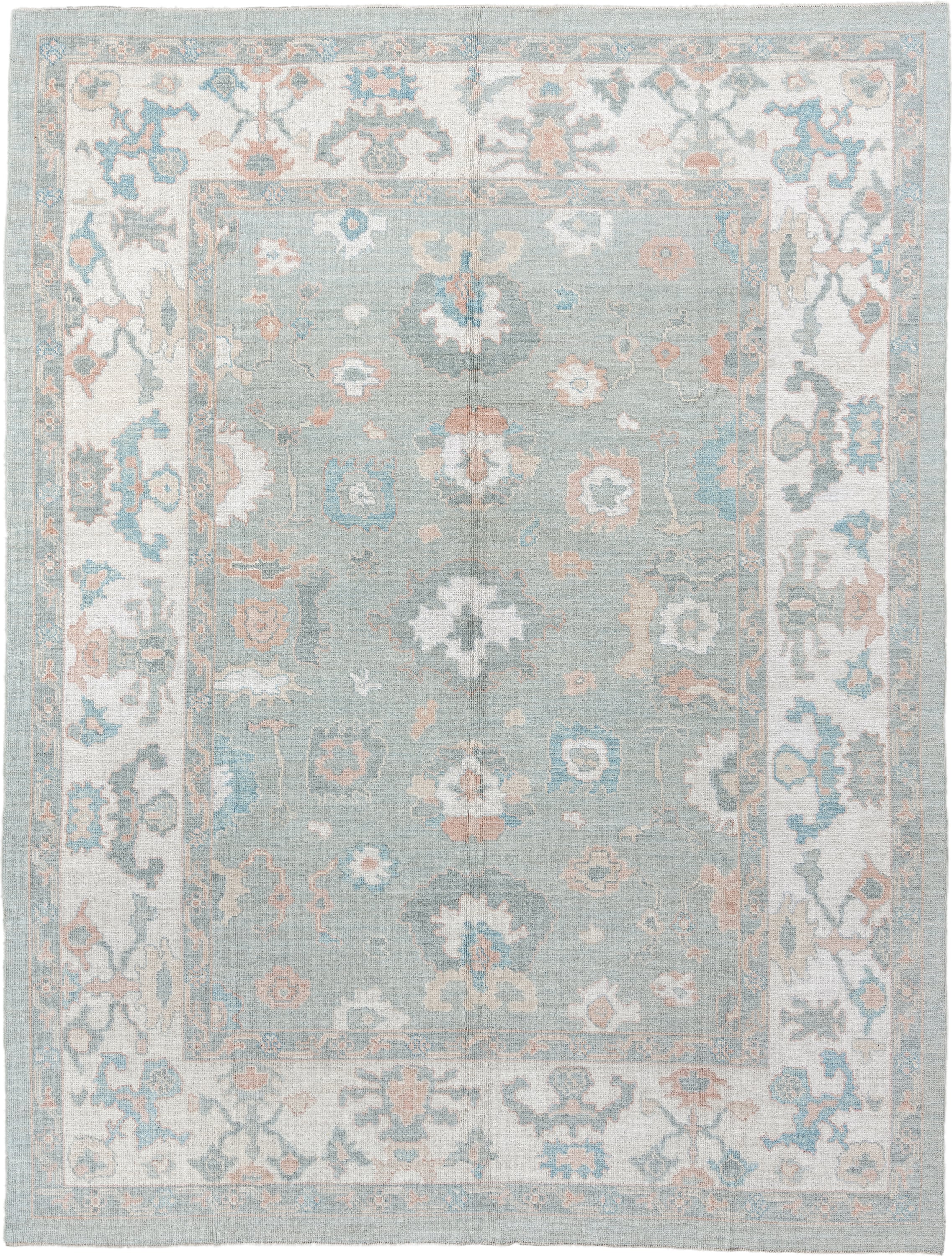 9' x 13' one-of-a-kind handmade vintage Oushak large size rug. Color palette: pale blue, ivory, taupe, blush, aqua, sage