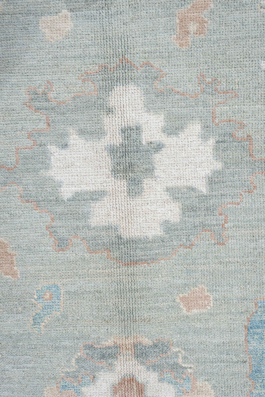 9' x 13' one-of-a-kind handmade vintage Oushak large size rug. Color palette: pale blue, ivory, taupe, blush, aqua, sage