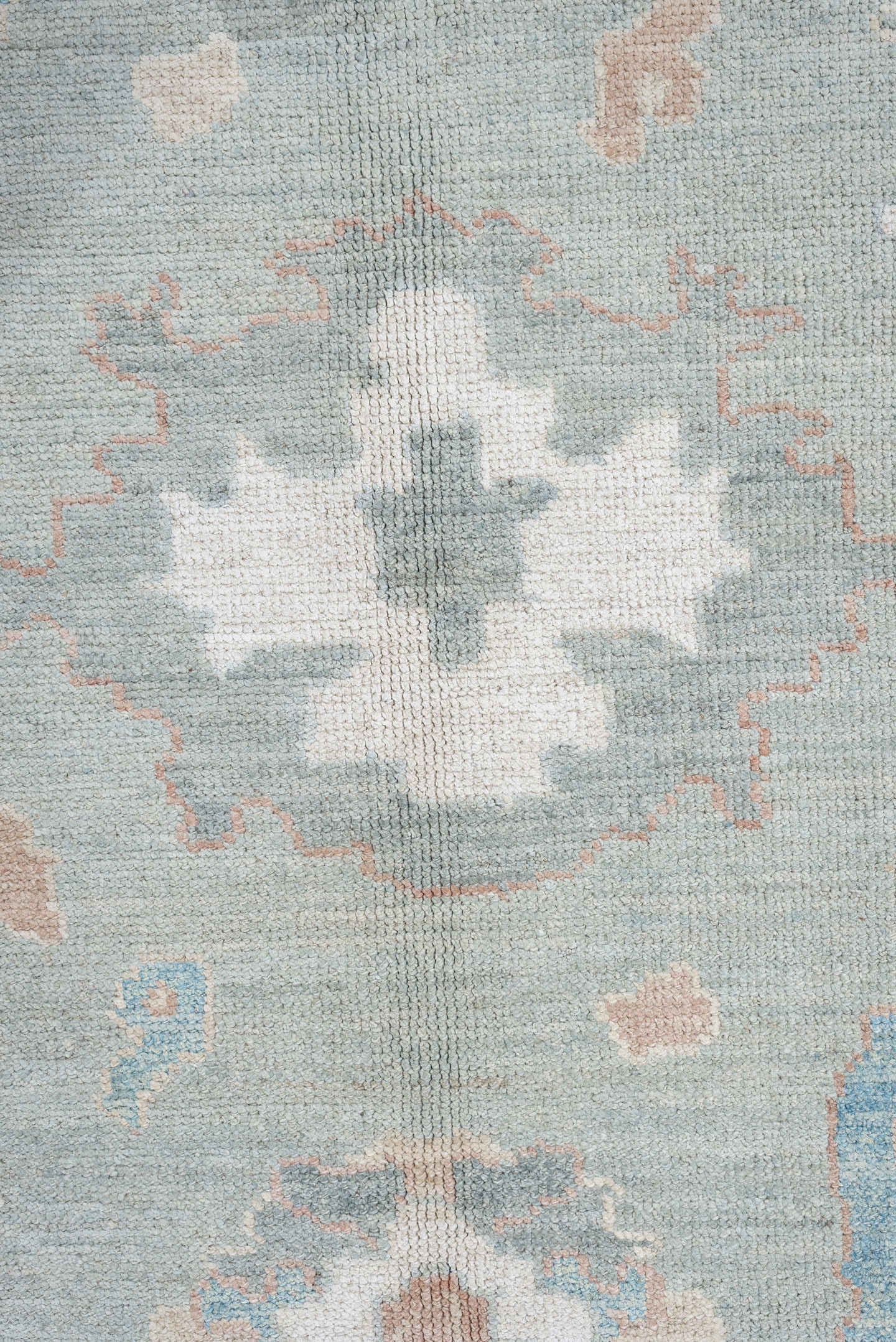 9' x 13' one-of-a-kind handmade vintage Oushak large size rug. Color palette: pale blue, ivory, taupe, blush, aqua, sage