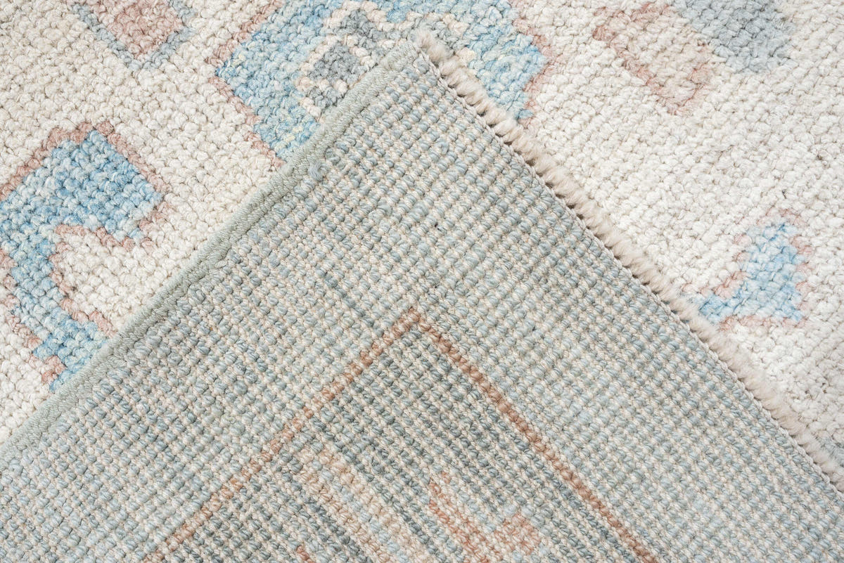 9' x 13' one-of-a-kind handmade vintage Oushak large size rug. Color palette: pale blue, ivory, taupe, blush, aqua, sage