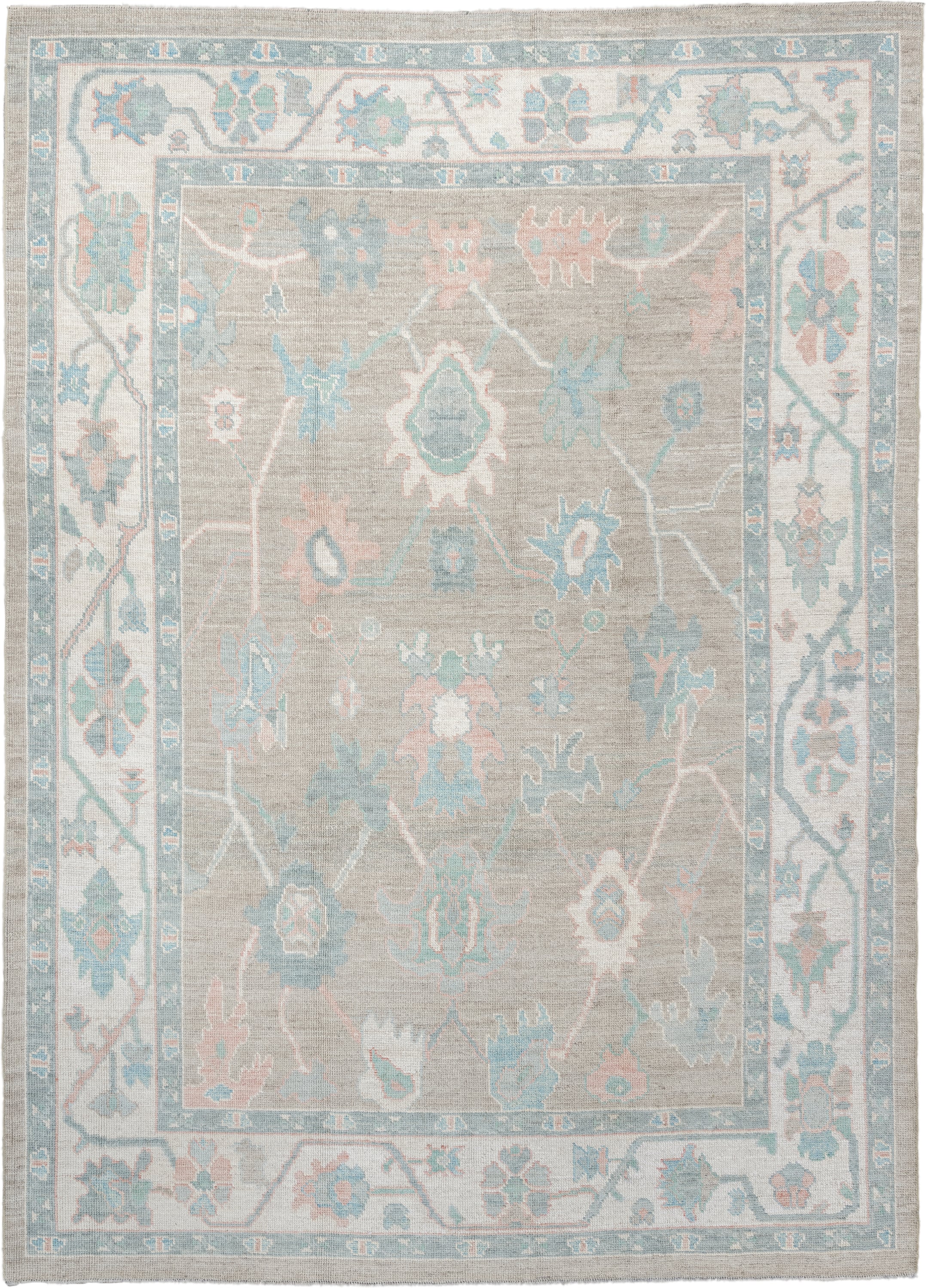 7' x 10' one-of-a-kind handmade vintage Oushak large size rug. Color palette: taupe, ivory, pale aqua, blush, sand, beige