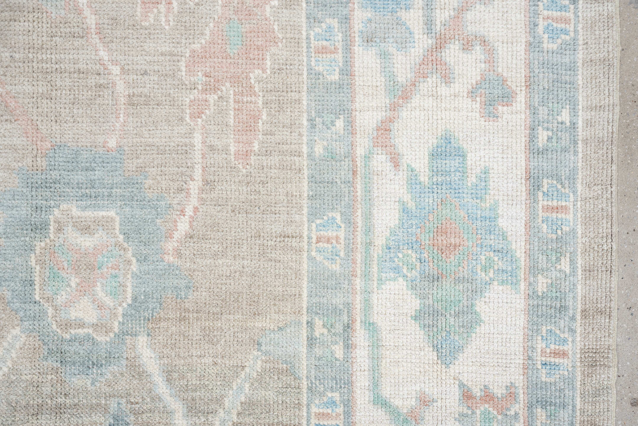 7' x 10' one-of-a-kind handmade vintage Oushak large size rug. Color palette: taupe, ivory, pale aqua, blush, sand, beige