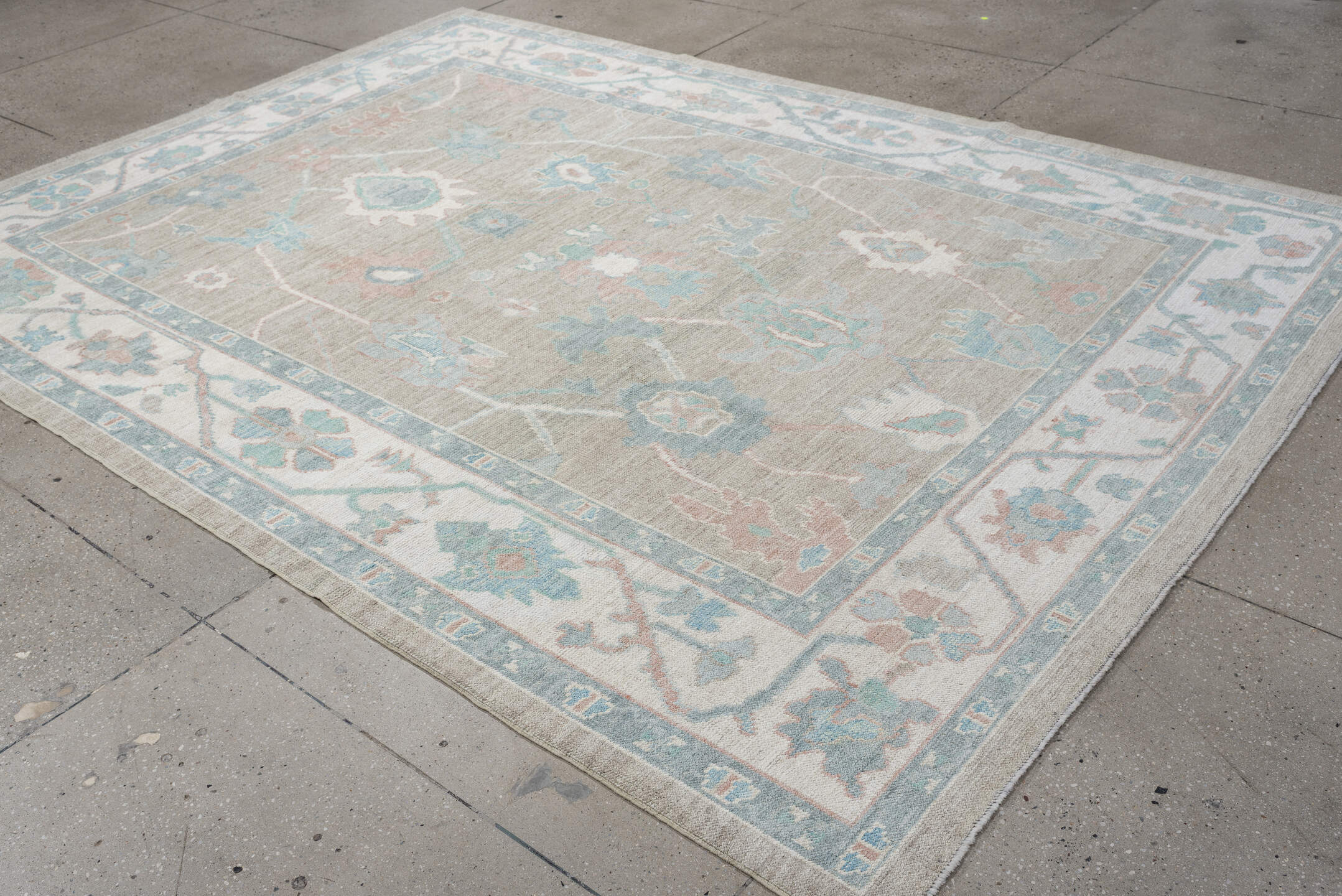7' x 10' one-of-a-kind handmade vintage Oushak large size rug. Color palette: taupe, ivory, pale aqua, blush, sand, beige